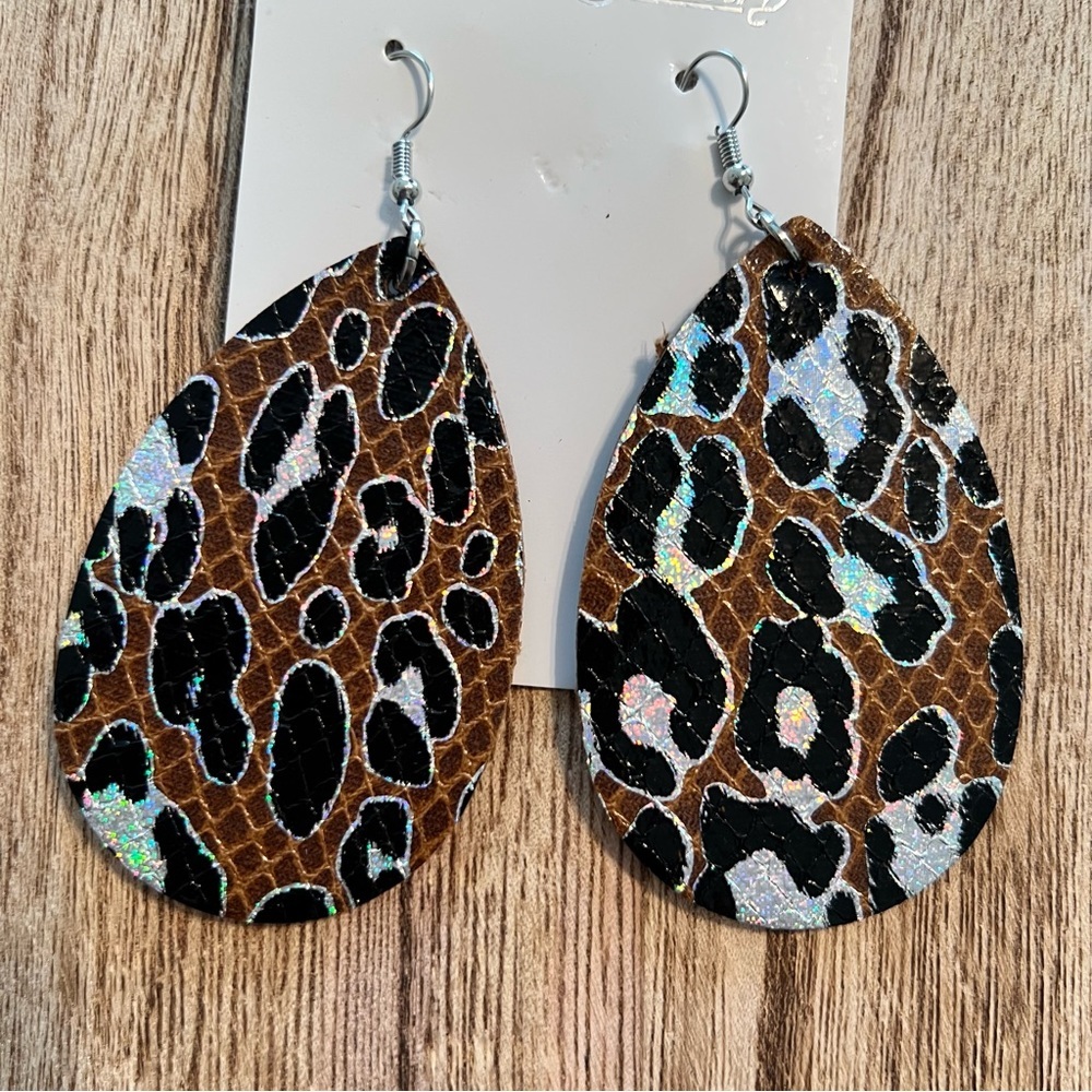 Leopard Reptile Print Iridescent Faux Leather Tear Drop Earrings NWT brown black